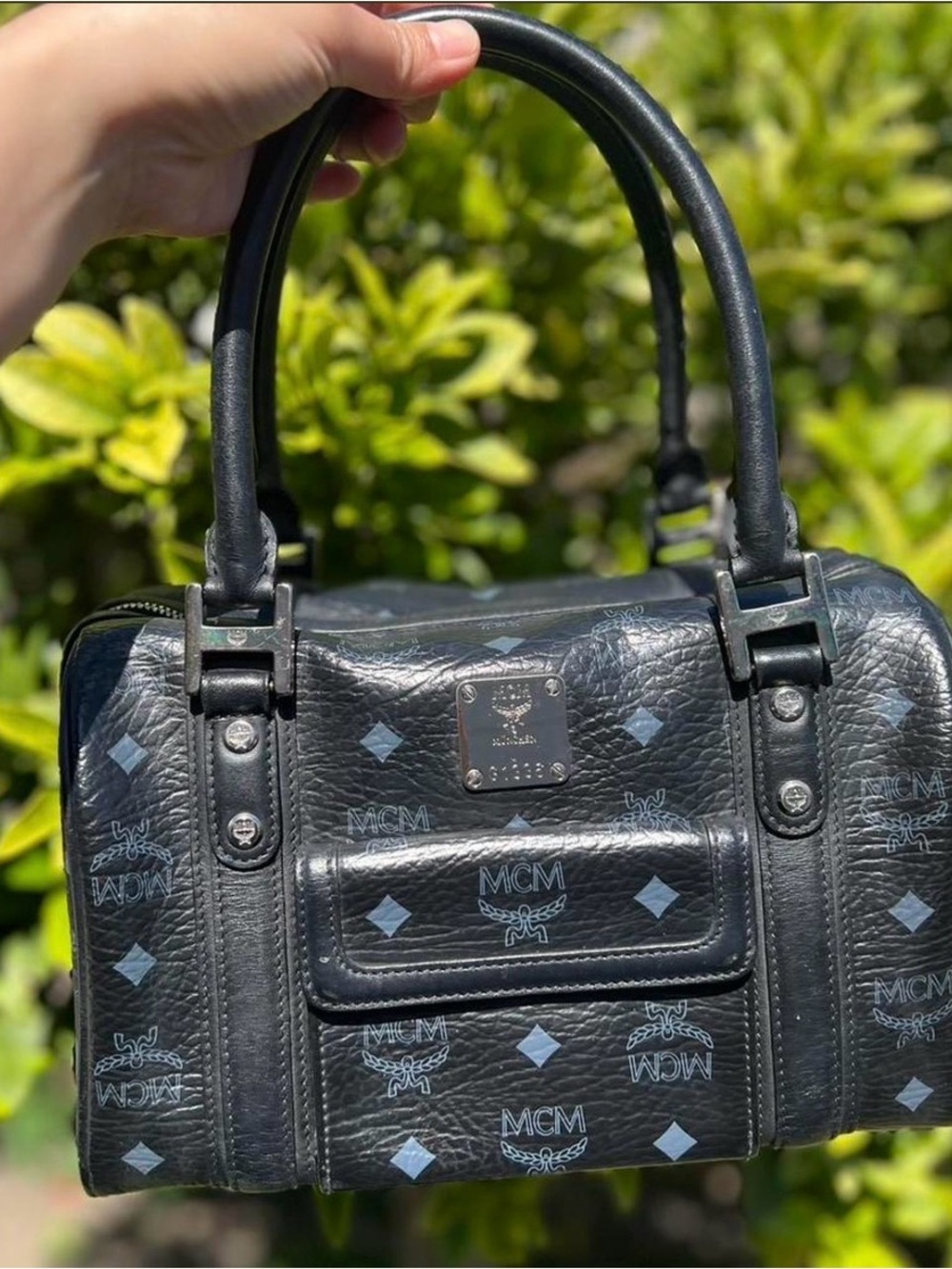 MCM Black Monogram Print Leather Satchel with Blue Accents